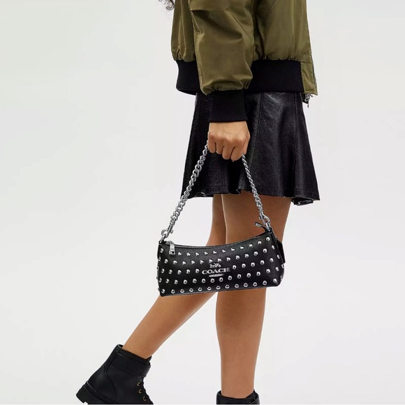 NWT COACH Charlotte Leather Shoulder Bag With Rivets Silver/Black Crossbody - Picture 5 of 9